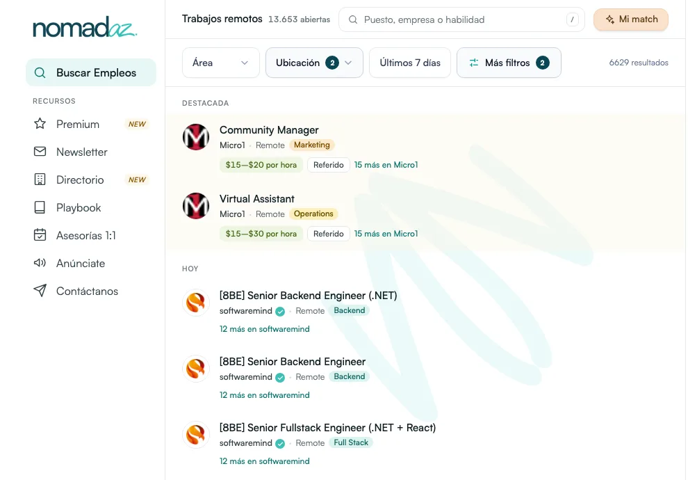 Job board de NomadAZ con vacantes de trabajo remoto para LATAM y filtros por área, ubicación y fecha