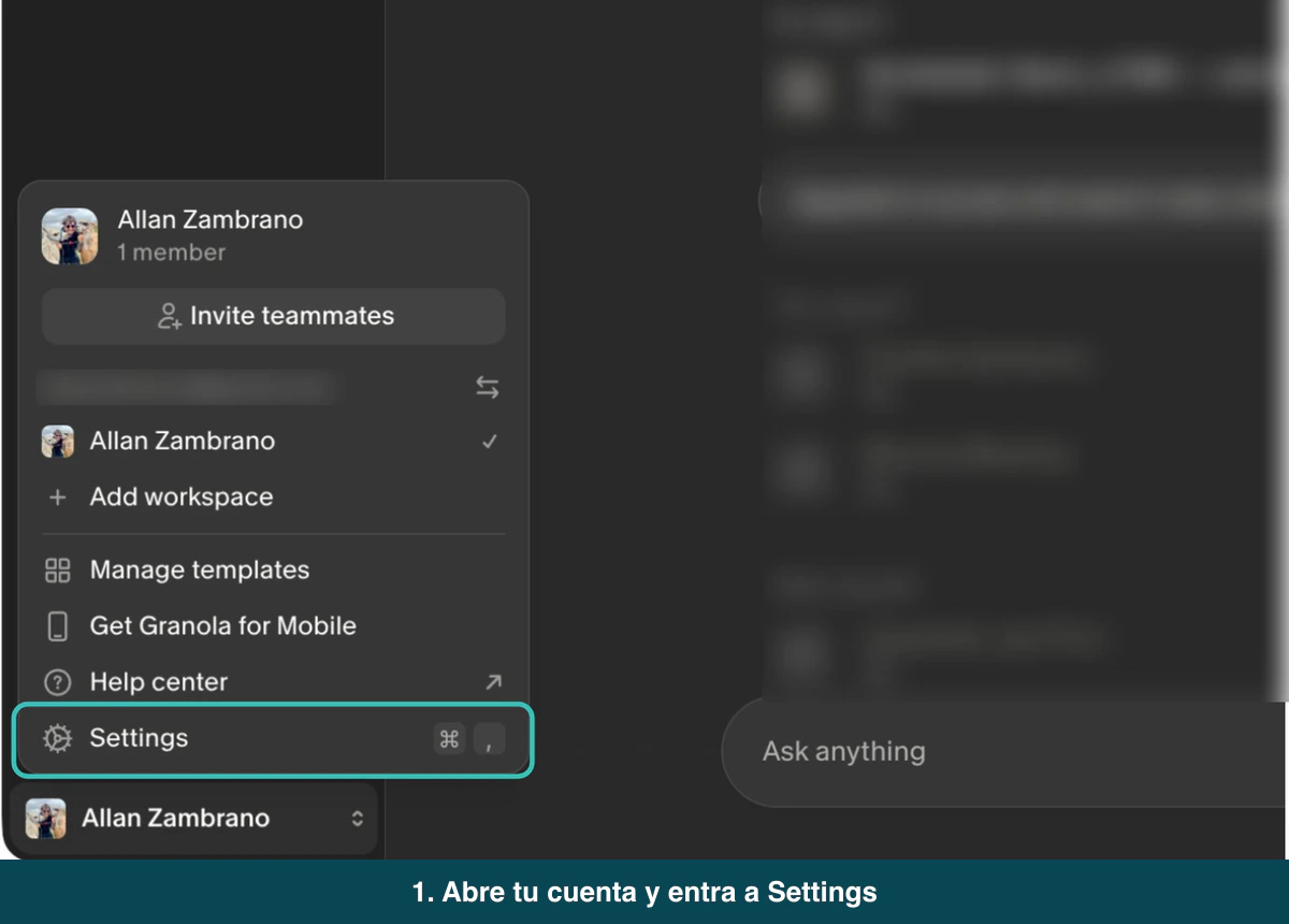 Recorrido en la app de Granola: menú de cuenta, Settings, Billing, Use coupon, el código NOMADAZ aplicado y el checkout de Stripe con 100% de descuento el primer mes