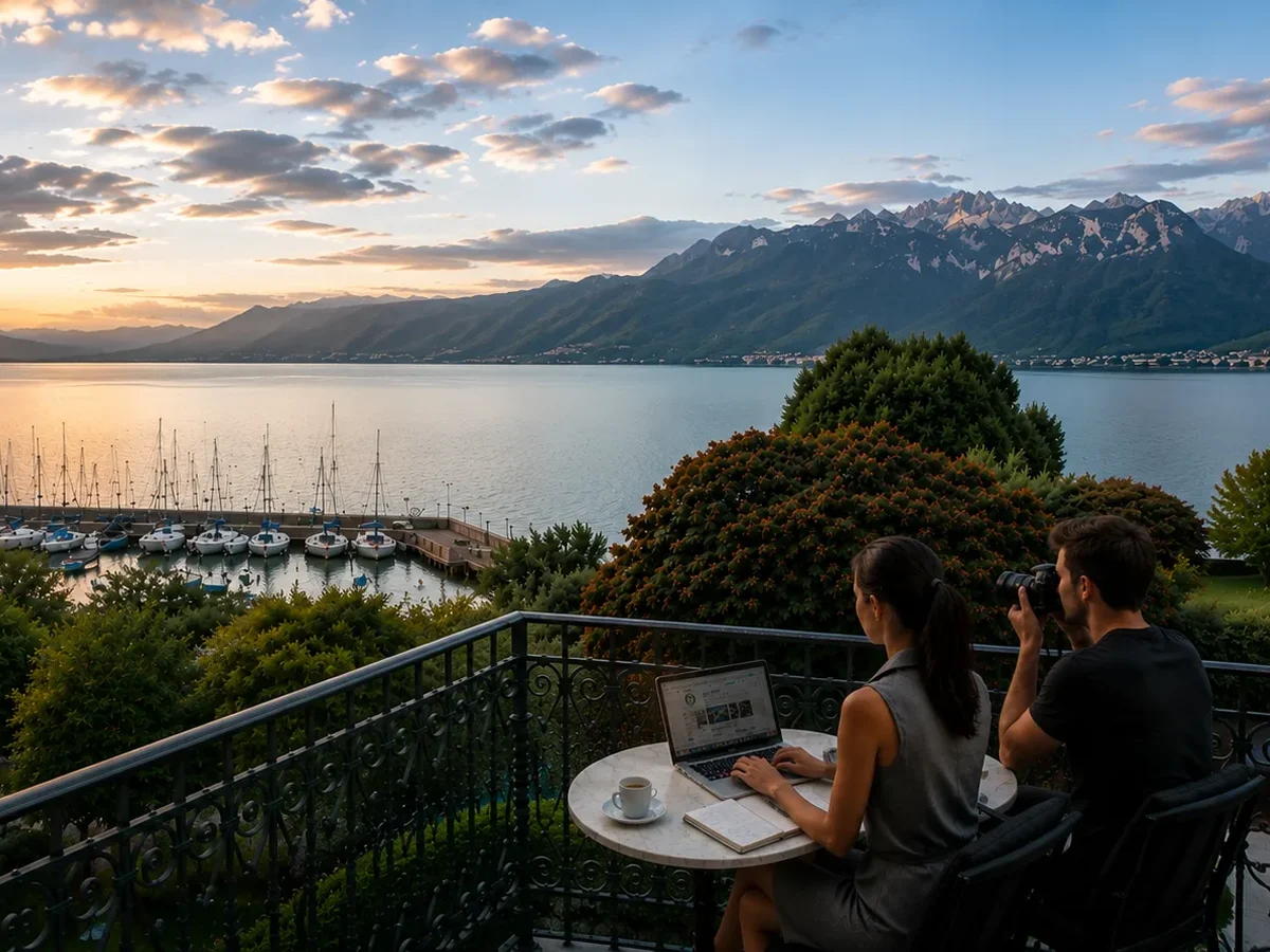 Allan y Angy trabajando desde una terraza durante su viaje por Sudamérica