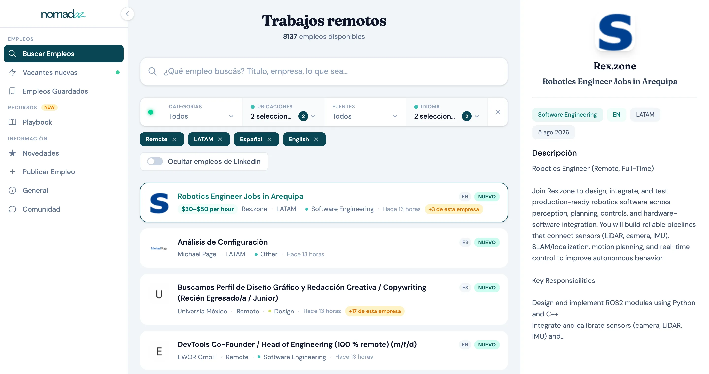 Bolsa de empleo de NomadAZ con vacantes de trabajo remoto abiertas a Latinoamérica