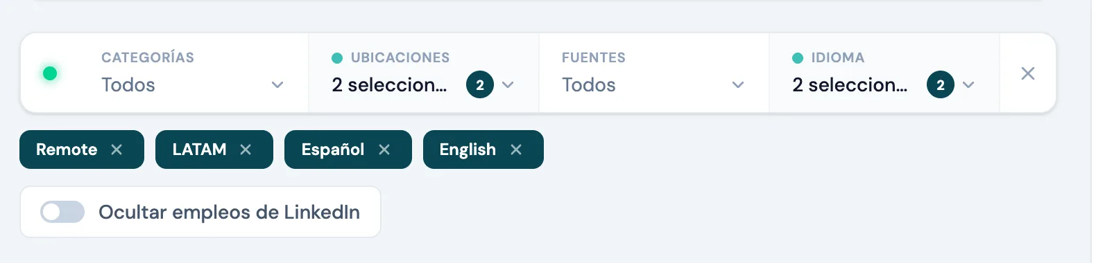 Filtros del job board de NomadAZ por categoría, ubicación, fuente e idioma