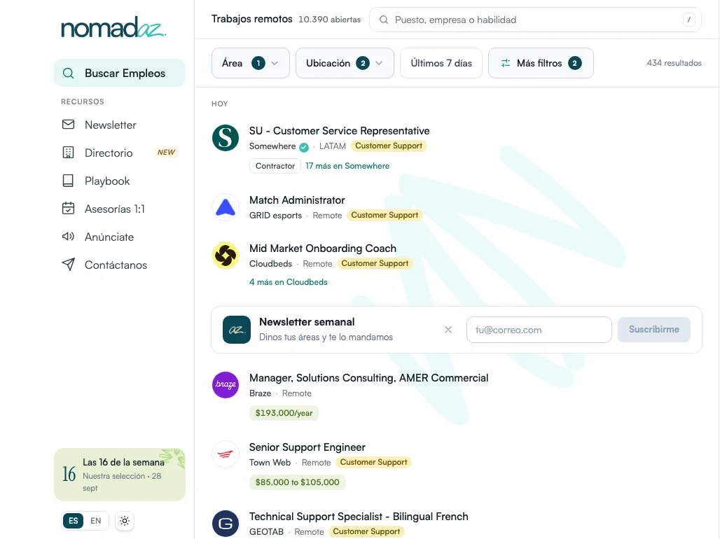 Board de trabajo remoto de NomadAZ filtrado por Customer Support, con vacantes abiertas a LATAM