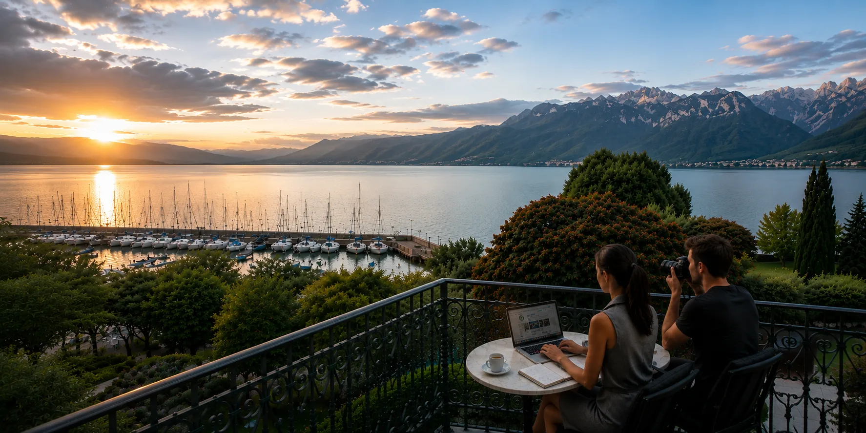 Persona trabajando desde un balcón con vista a un lago y montañas al atardecer